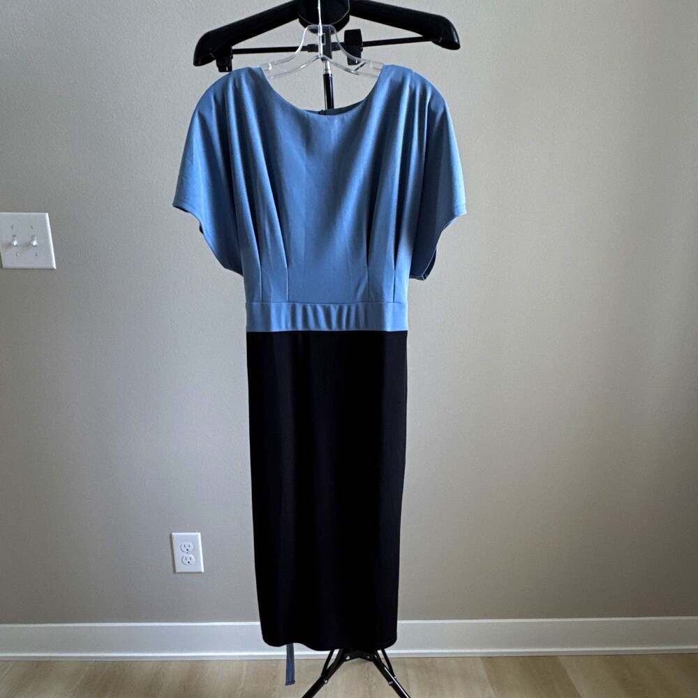 Jasambac Womens Blue Black Colorblock Midi Sheath Dolman Belted Dress L